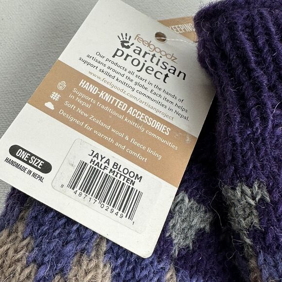 feelgoodz Jaya Bloom wool knit half mitten gloves hand Purple Gray Triangles - Picture 7 of 7